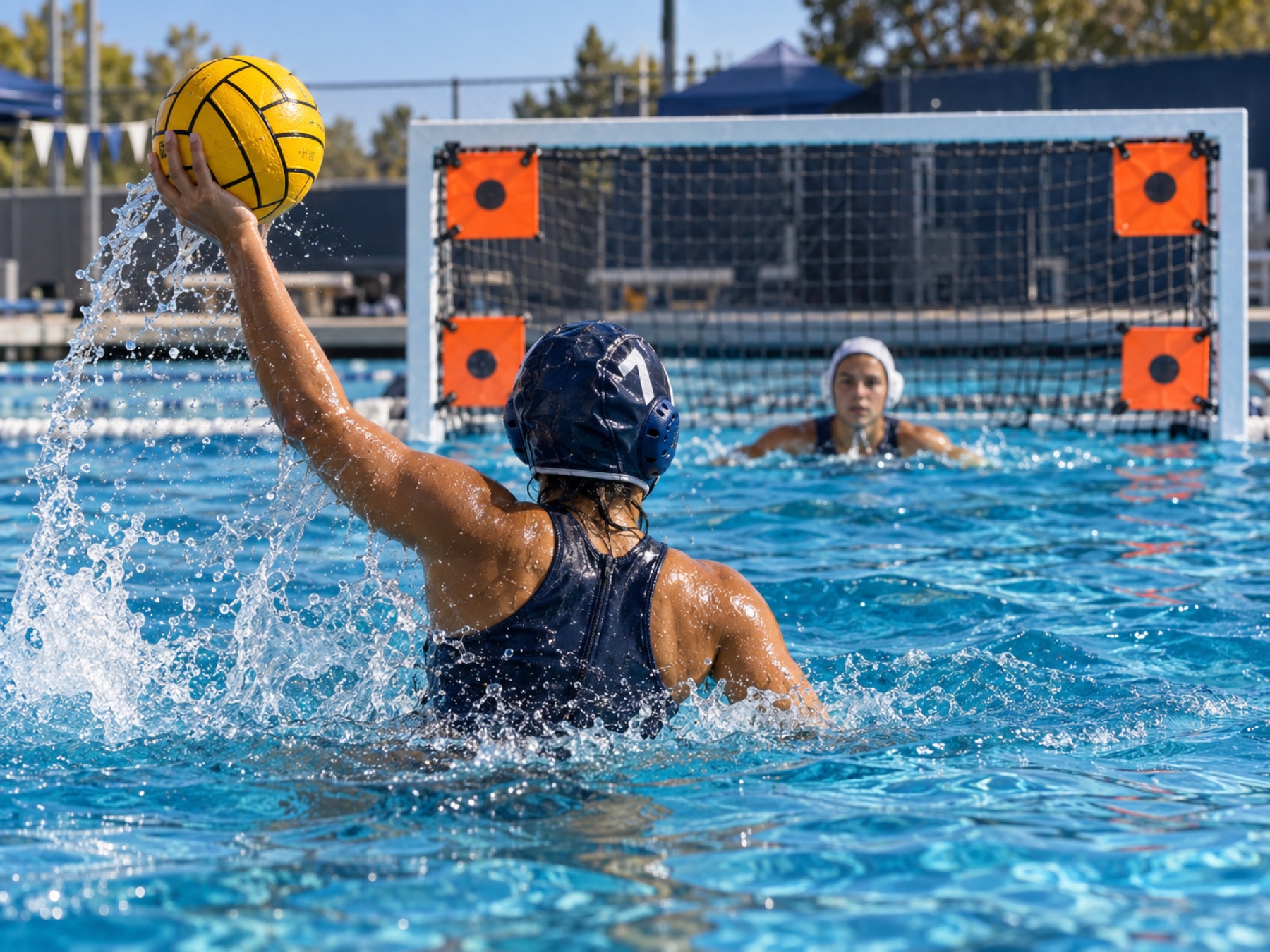 Water polo athlete aiming at four corner targets on a goal