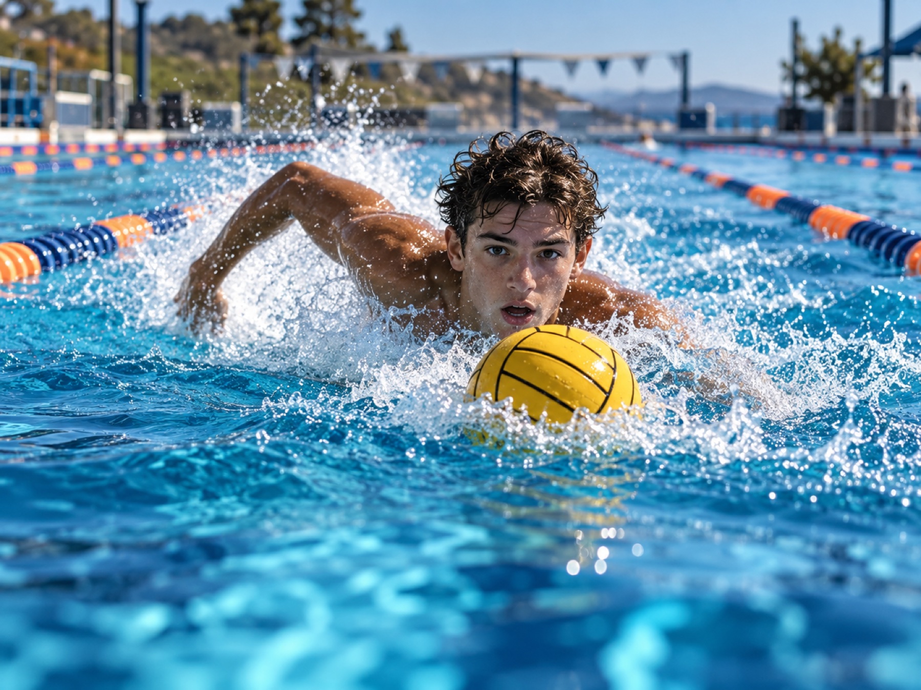 Water polo athlete sprinting head-up while controlling the ball
